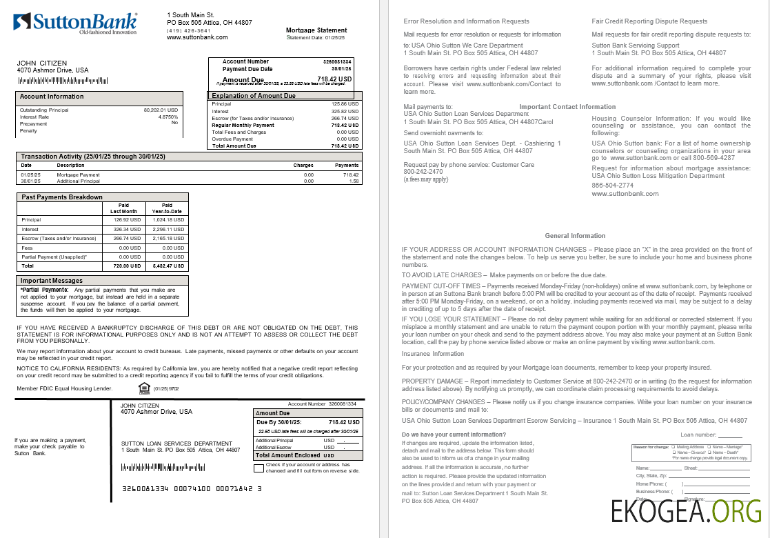 Relevé hypothécaire de la banque USA Ohio Sutton aux formats Word et PDF